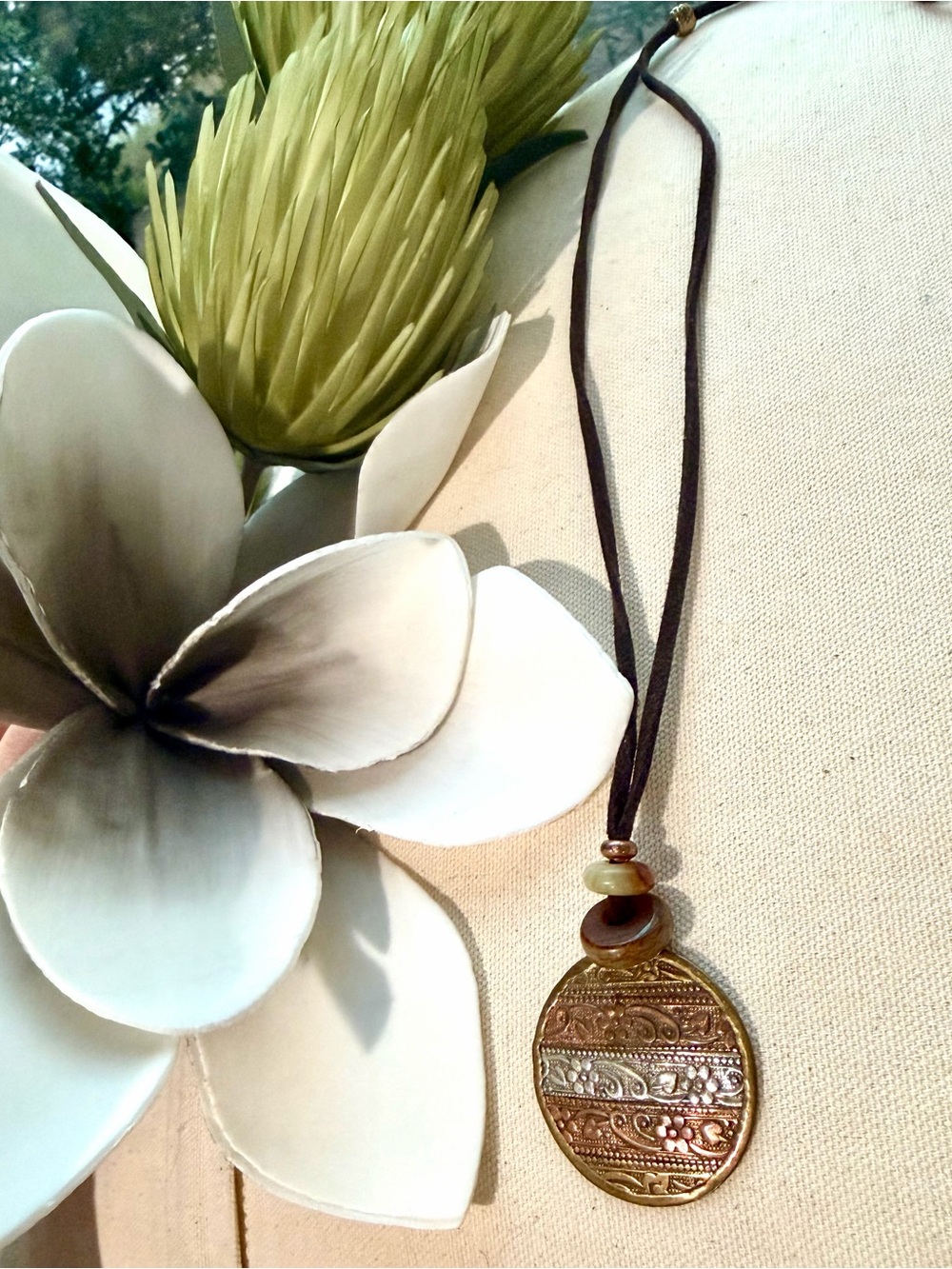 Boho Bronze Pendant Necklace with Brown Adjustable Suede Cord